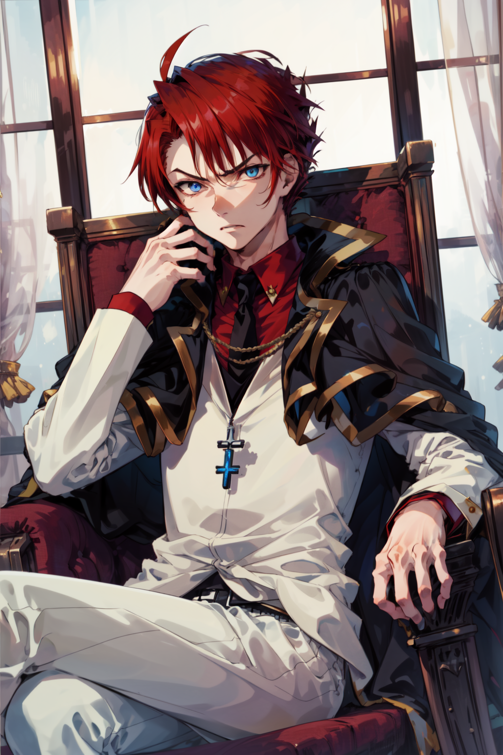 masterpiece,best quality,1boy,mature male,ushiromiya battler,formal,white suit,cape,red hair,blue eyes,serious,sitting on ...